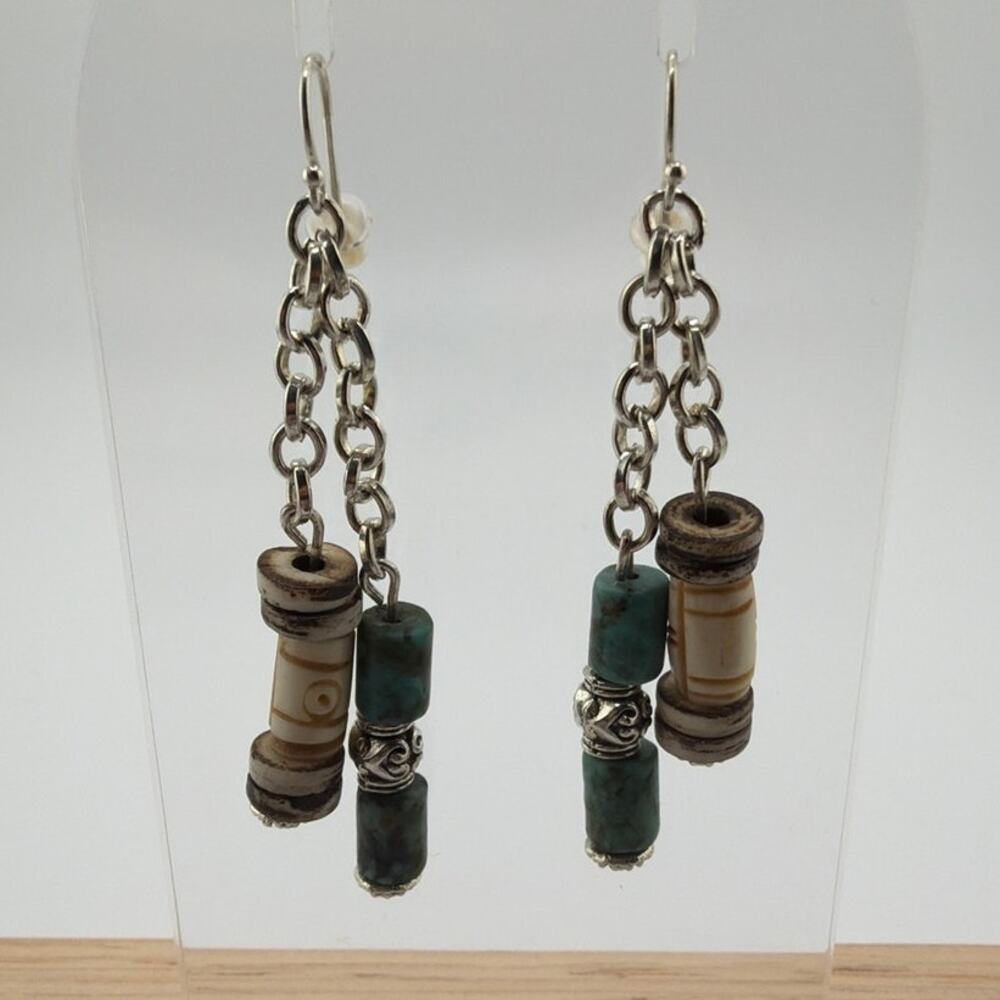 New Handcrafted Artisan African Turquoise and Tibet Bone Dangle Earrings